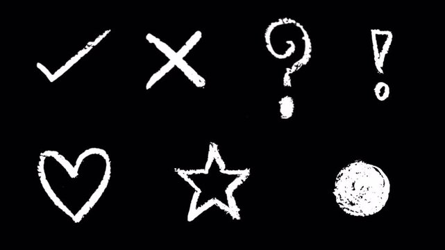 Grunge hand drawn shapes animation on black background, set of doddle brush stroke shapes animated with alpha channel.