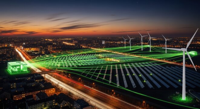 Aerial view of a smart city at dusk with wind turbines, solar panels, and a modern data center, showcasing sustainable energy and technology