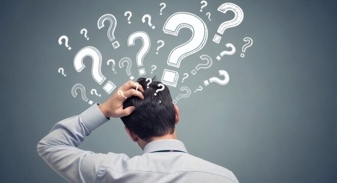 Puzzled Man Contemplation with Floating Question Marks.