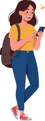 Young Woman Using Smartphone With Backpack Flat Design Illustration