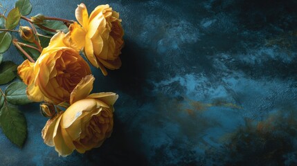 Pale Yellow Roses on Dark Teal Textured Background
