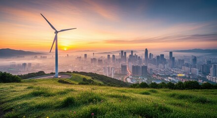 A scenic view of a wind turbine on a green hill overlooking a city skyline at sunset, showcasing renewable energy integration with urban development