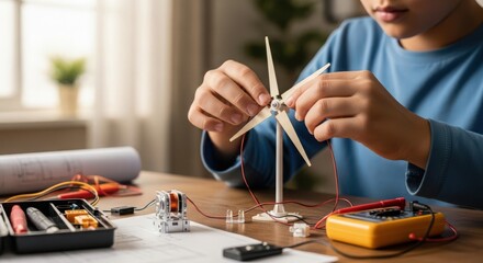 Young boy working on a wind turbine project at home, learning about renewable energy and sustainable technology for a better future