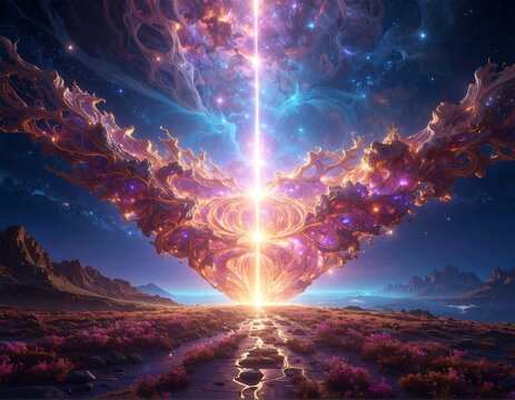 A cosmic vista with a brilliant light beam descending into a surreal, flower-filled landscape, surrounded by nebula - Powered by Adobe