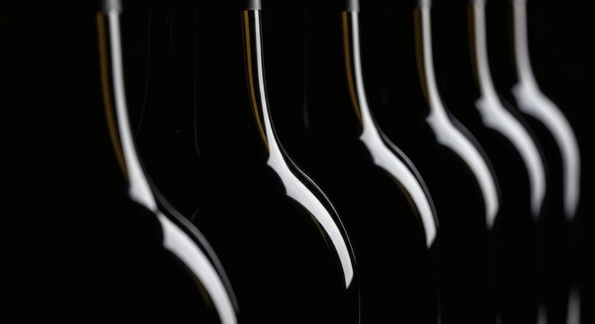 Wine Rhapsody Elegant bottles dance in shadows on black background.