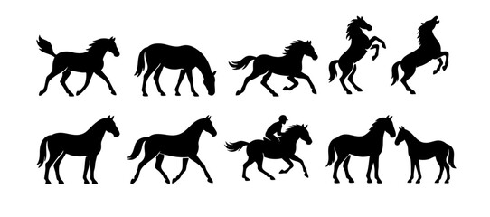 Vector illustration set of horse silhouettes in various poses including galloping, standing, and riding. Great for equestrian, sport, farm, and wild animal themes.
