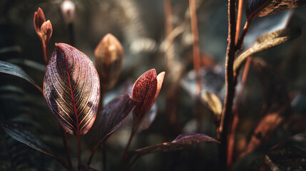 Close up shot of red and green leaves with intricate vein patterns in a natural outdoor setting