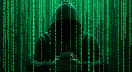 Ghost in the Machine Anonymous Hacker Amidst a Digital Downpour.