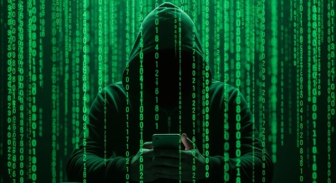 Ghost in the Machine Anonymous Hacker Amidst a Digital Downpour.