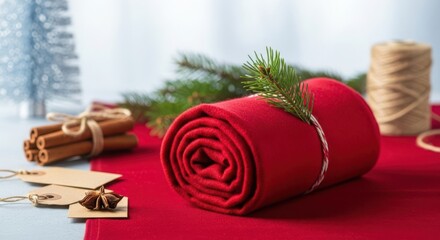 Rolled red fleece blanket tied with string and a pine sprig on a red surface with cinnamon sticks and christmas tree in background