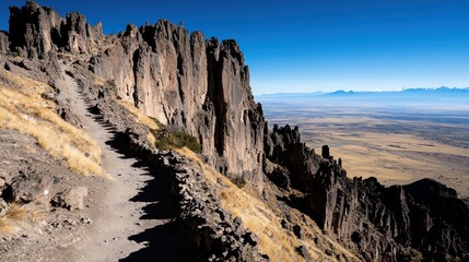 Obraz premium A rugged mountain trail winds past towering rock formations, offering stunning views of a distant plain under a clear blue sky