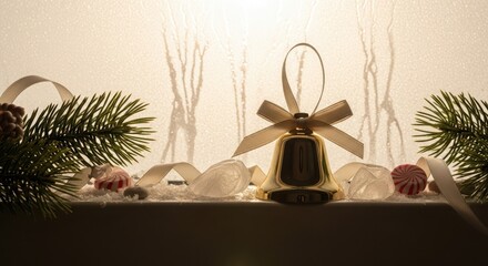 Festive christmas bell ornament with ribbon and pine branches, creating a warm and inviting holiday scene, perfect for seasonal greetings