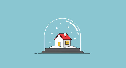 Cozy Winter Scene Small House Encased in a Snow Globe with Falling Snow Concept for Holidays Real Estate and Serenity