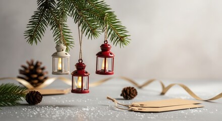 Christmas decoration with pine branch and small lantern ornaments, creating a cozy and festive atmosphere, perfect for holiday season