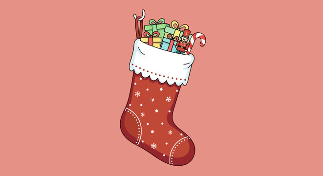 Festive Christmas Stocking Filled With Gifts Candy Canes and Holiday Surprises on a Warm Pink Background