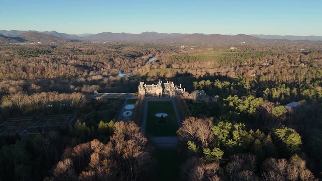 Biltmore Estate historic mansion and gardens Asheville North Carolina 4k aerial drone video