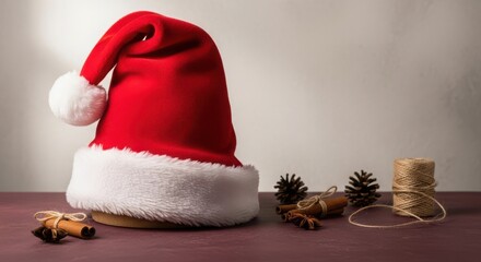 Festive santa hat with pine cones, cinnamon sticks, and twine for a cozy christmas celebration on a wooden surface with a neutral backdrop