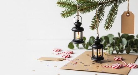 Festive christmas lanterns and candy canes hanging from a pine branch with a blank tag and envelope, isolated on white background