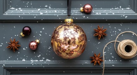 Festive christmas decoration with golden bauble, star anise, and twine on a grey wooden door covered in snow for a cozy winter holiday