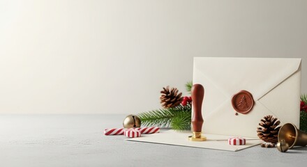 Elegant christmas composition with wax sealed envelope, pine cones, fir branch, bell, and candy canes on a gray surface for a festive season