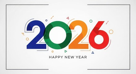 Happy new year 2026 colorful design with geometric shapes and modern typography on a clean white background, perfect for greeting cards