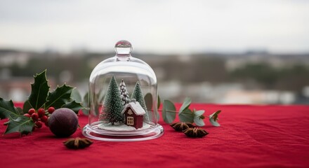 Miniature winter wonderland scene under a glass dome with holly and spices on a red tablecloth, creating a festive and magical atmosphere