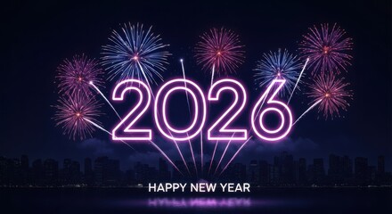 Bright neon 2026 sign illuminating the night sky with colorful fireworks for a happy new year celebration over city skyline