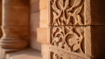 Explore nature-inspired carvings on tan stone. The intricate patterns, bathed in warm light, highlight the delicate craftsmanship and structural beauty. A timeless artistic expression.