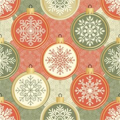 Seamless christmas pattern with vintage ornaments and snowflakes in red, green, and beige colors for festive backgrounds and designs