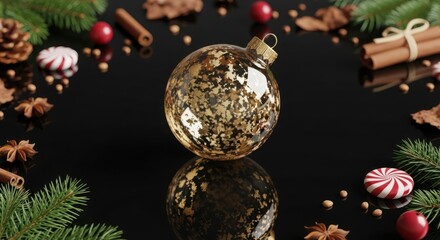 Elegant golden christmas ornament reflecting on a black surface surrounded by festive decorations, creating a luxurious holiday ambiance