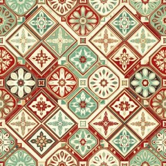 Seamless pattern of vintage style tiles in red, green and beige colors for textile, wallpaper, wrapping paper and scrapbooking design