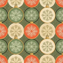 Seamless pattern of vintage christmas balls with snowflakes in red, green and beige colors for textile, wallpaper, wrapping paper design
