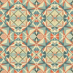Geometric kaleidoscope pattern with a vintage color palette, featuring a symmetrical arrangement of shapes and lines, creating a retroinspired design