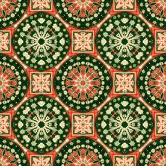 Intricate floral kaleidoscope pattern with a rich color scheme, featuring a symmetrical arrangement of flowers and ornaments, creating an elegant design