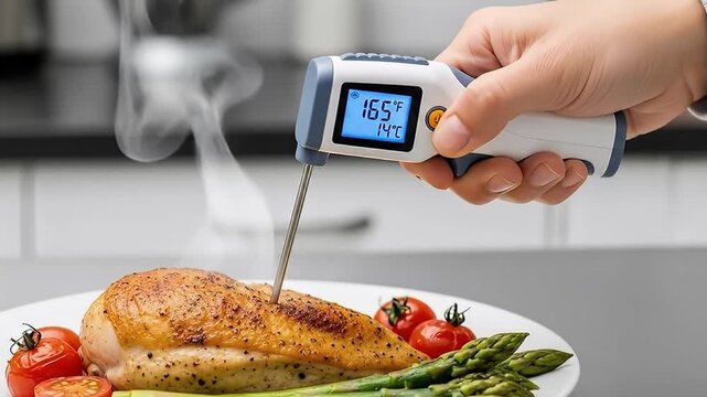 Checking internal temperature of roasted chicken with digital thermometer