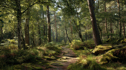 Naklejka premium A meandering path through a dense green forest with sunlight filtering through the trees above it all