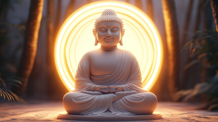 Smiling Budha statue with ring light background