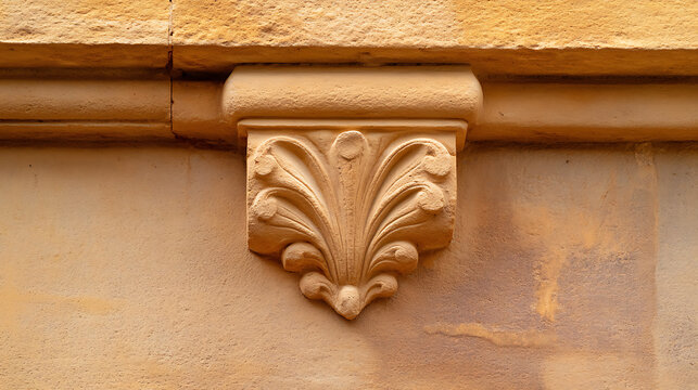 Detailed stone carving adorns a sandstone building, showcasing intricate floral patterns and textures in a warm, natural light. Architectural detail.
