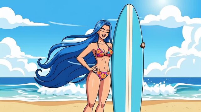 Blue Haired Cartoon Surfer Girl on Sunny Beach