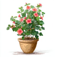 Naklejka premium Pink Hibiscus in Terracotta Pot Against White Background