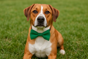 Adorable dog wearing a green bow tie sitting on the grass during a festive St. Patrick Day celebration.