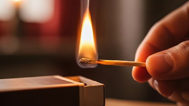 Hand holding a lit matchstick with bright flame and smoke close up