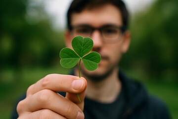 Young person holding a fresh green clover leaf outdoors, symbol of luck and hope.