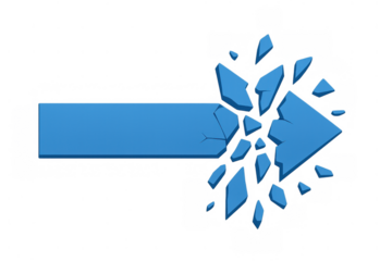 Blue arrow shattering into small fragments, visualizing concepts of disruption, breaking limits, change, and innovation