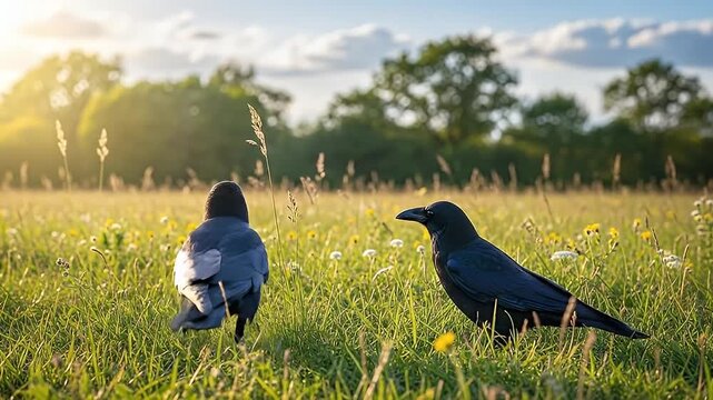 Two Crows Foraging in a Sunny Meadow During Golden Hour Nature Footage