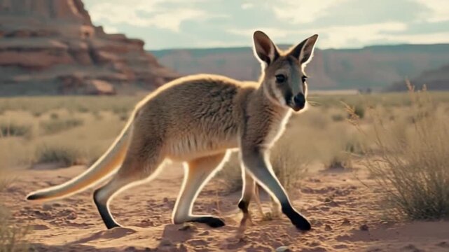 Kangaroo sitting in the desert with mountains in the background on a sunny day outdoors kangaroo video