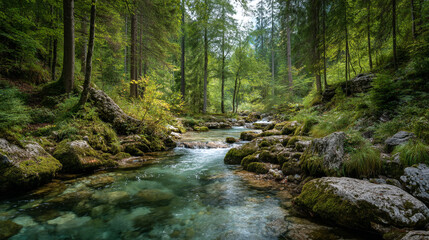 A scenic view of a clear stream flowing through a lush green forest with mossy rocks and trees