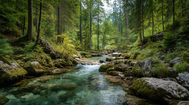 A scenic view of a clear stream flowing through a lush green forest with mossy rocks and trees - Powered by Adobe