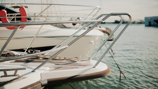 Close up of chrome railing and wooden deck of a luxury yacht docked in a marina under golden light