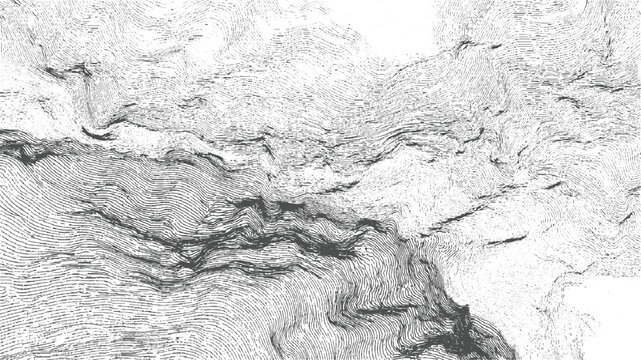 Topographic map contour lines showing mountain terrain and valleys in monochrome vector